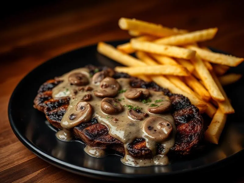 Flame-grilled steak with fries, freshly cooked over open fire at Chicago Grill & Pizza