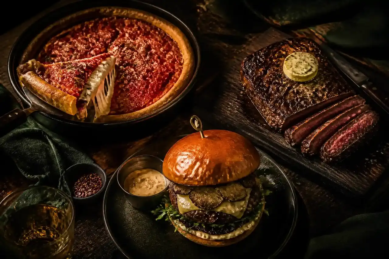 Signature Chicago Grill & Pizza dishes — deep-dish pizza, grilled steak and burgers plated in the Kabul restaurant